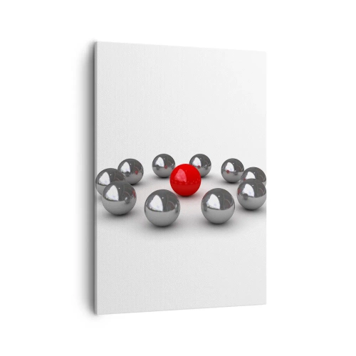 Impression sur toile - Image sur toile - Une boule rouge entourée de boules argentées sur fond blanc - 50x70cm - Un cercle en argent et rouge - Décoration murale moderne pour le salon et la chambre ARTTOR