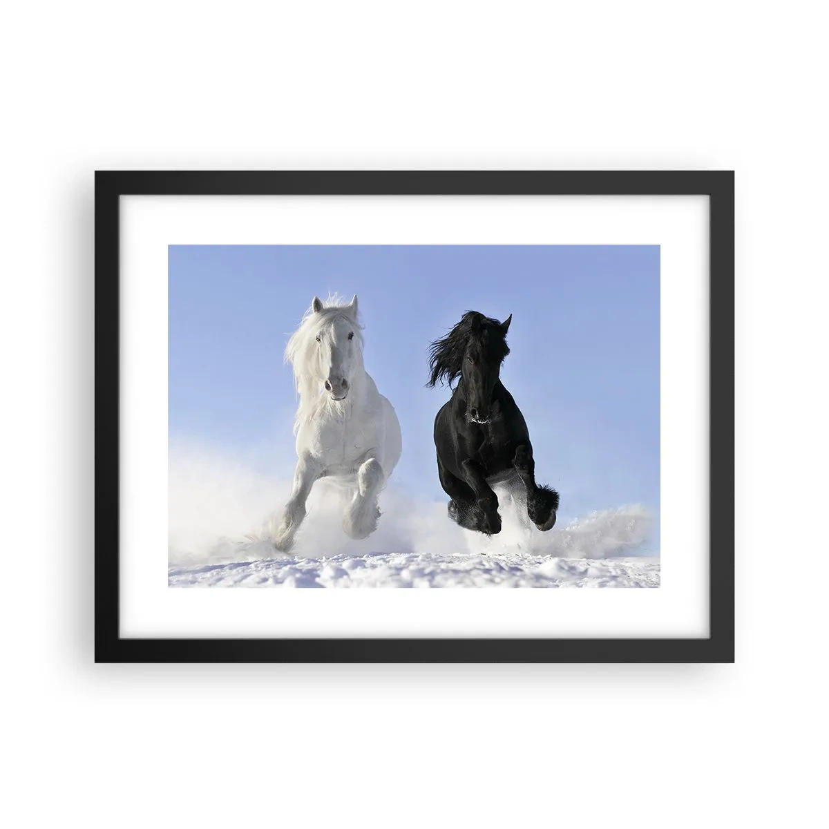 Affiche dans un cadre noir - Poster - Galop noir et blanc - 40x30 cm
