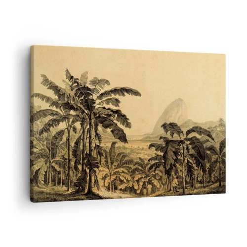 Impression sur toile - Image sur toile - Dessin de bananiers sur fond de paysage tropical - 70x50cm - Dans un climat colonial - Décoration murale moderne pour le salon et la chambre ARTTOR