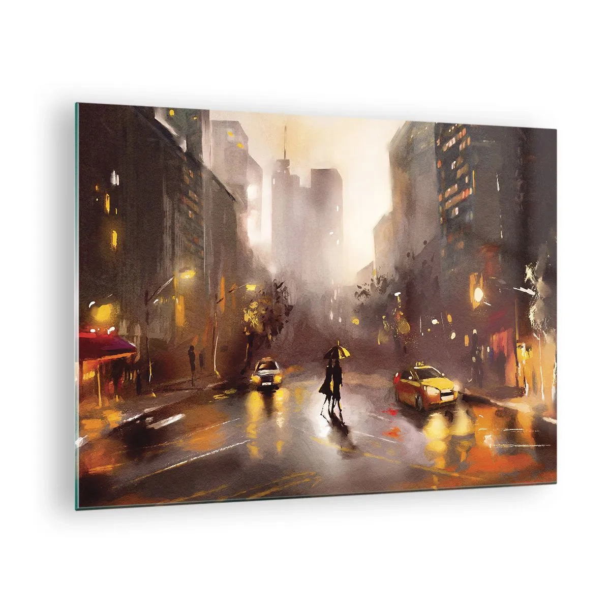 Impression sur verre - Image sur verre - Ville la nuit sous la pluie avec des taxis et la silhouette d'un couple - 70x50cm - Dans les lumières de New-York - Décoration murale moderne pour le salon et la chambre ARTTOR