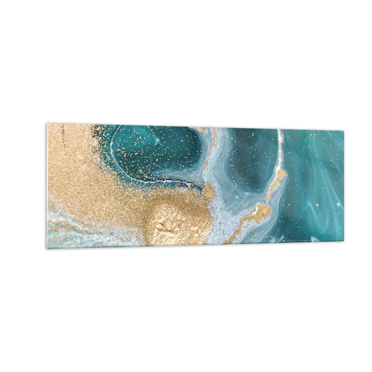Impression sur verre - Image sur verre - Tourbillon abstrait dans les tons turquoise et or - 140x50cm - Tourbillon d'or et de turquoise - Décoration murale moderne pour le salon et la chambre ARTTOR