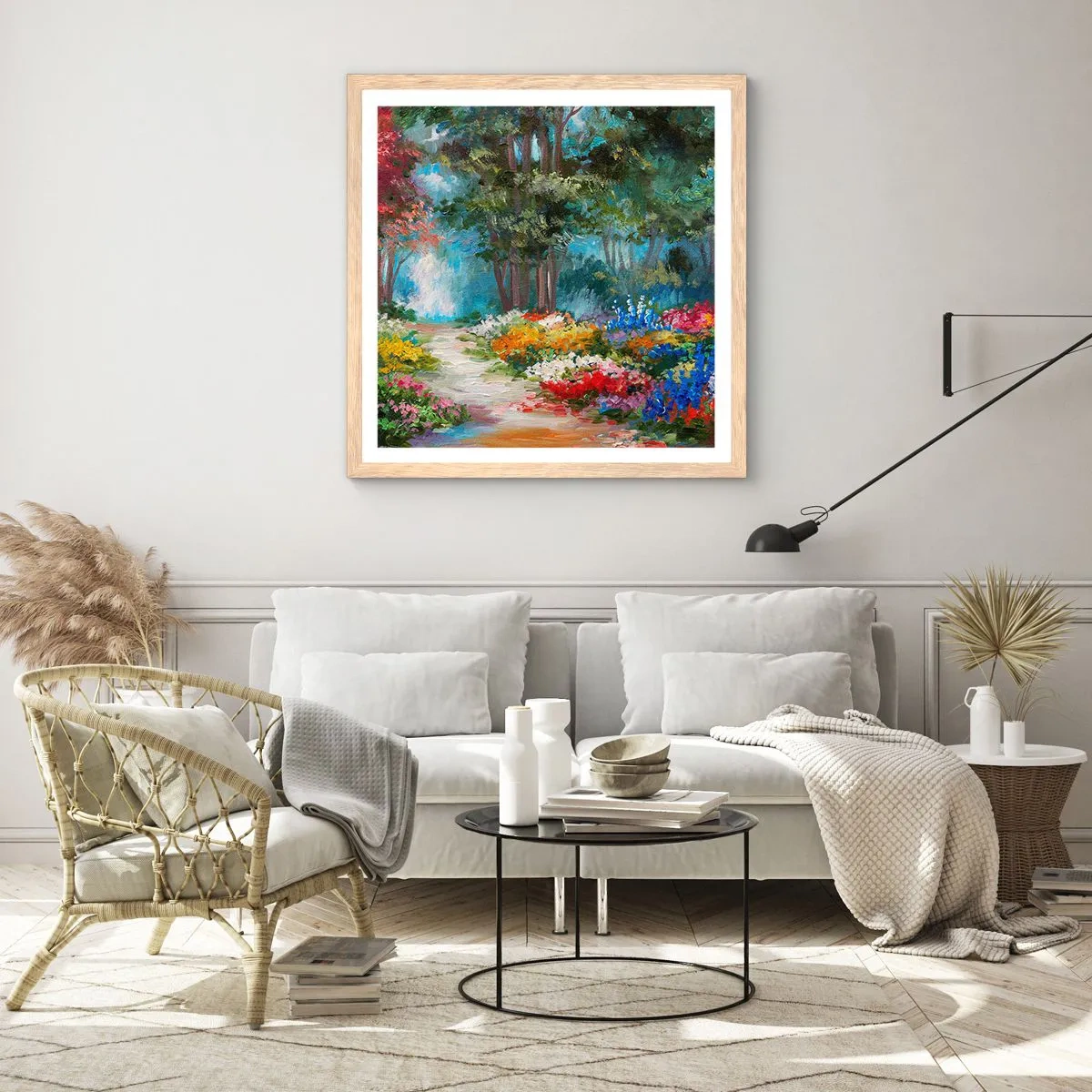 Affiche dans un chêne clair - Poster - Jardin forestier, forêt de fleurs - 30x30 cm