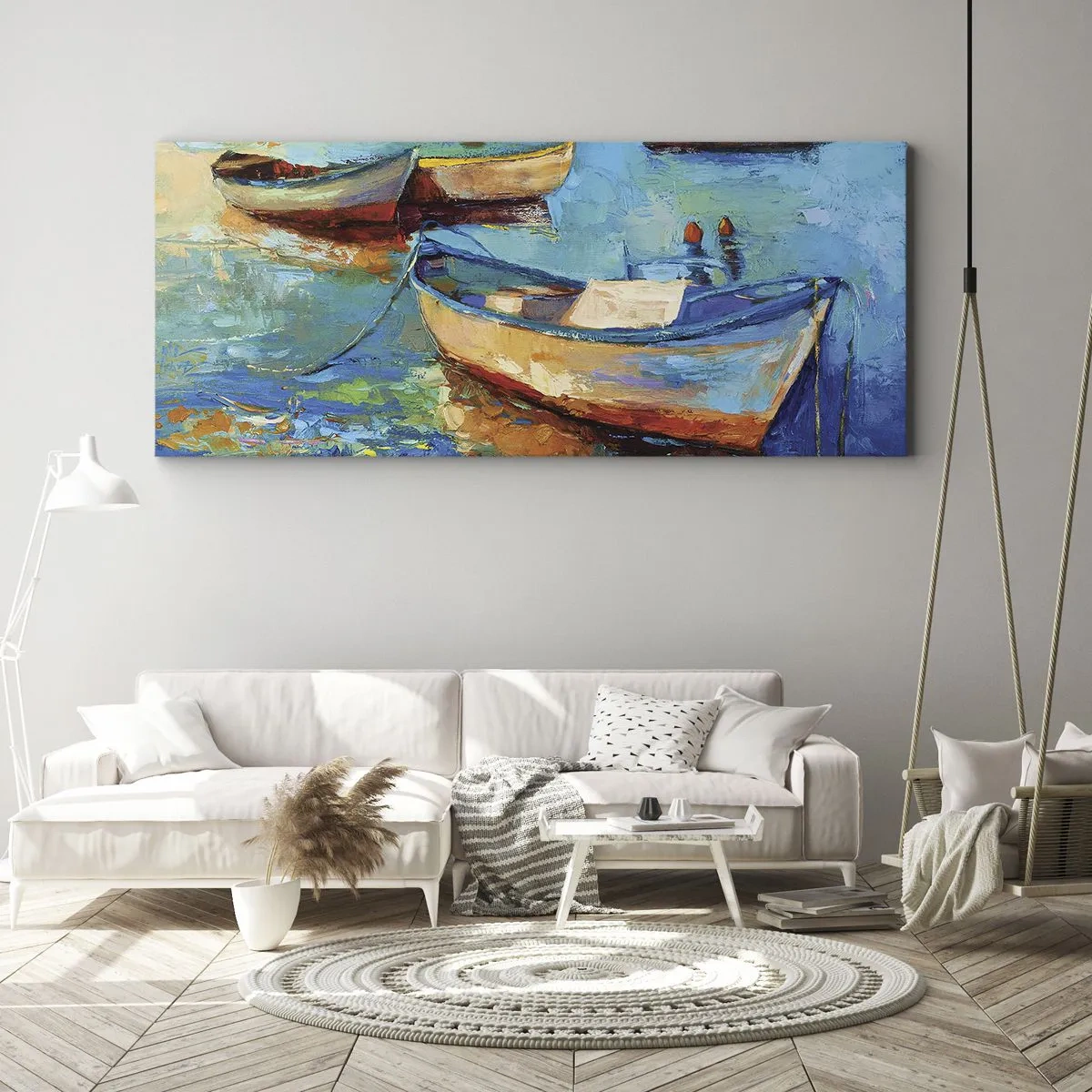 Impression sur toile - Image sur toile - Bateaux colorés amarrés sur une eau calme - 120x50cm - Dans la baie du sud - Décoration murale moderne pour le salon et la chambre ARTTOR