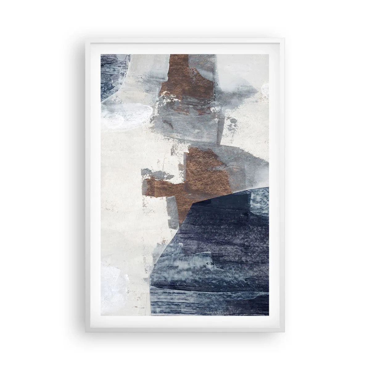 Affiche dans un cadre blanc - Poster - Formes bleues et brunes - 61x91 cm