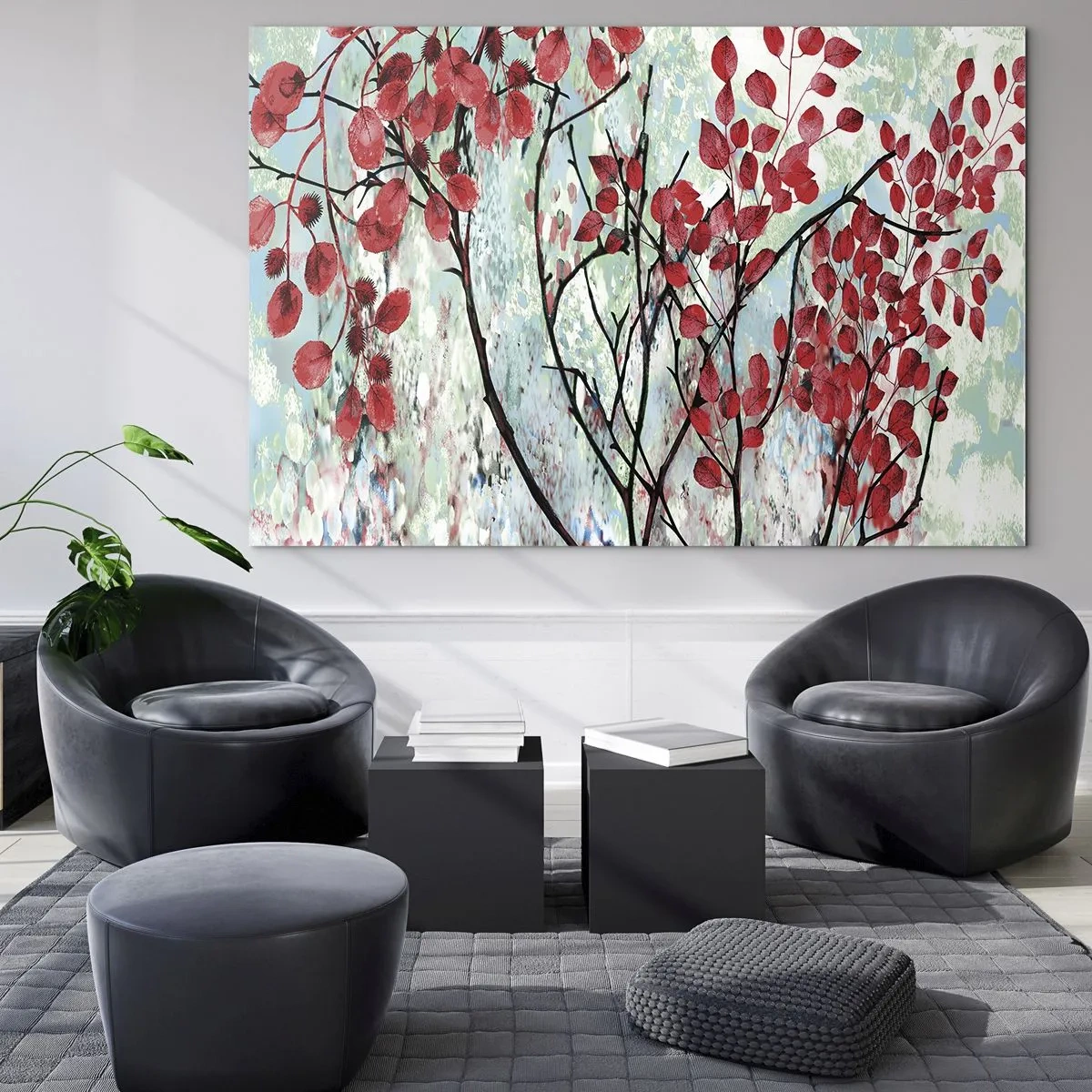 Impression sur verre - Image sur verre - Branches avec des feuilles rouges sur un fond peint - 70x50cm - Arbre en écarlate - Décoration murale moderne pour le salon et la chambre ARTTOR