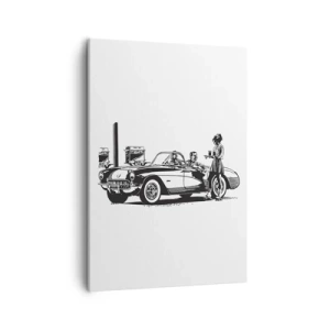 Impression sur toile - Image sur toile - Une scène rétro en noir et blanc avec une voiture et une serveuse en patins à roulettes. - 50x70cm - 60's - Amérique insouciante - Décoration murale moderne pour le salon et la chambre ARTTOR