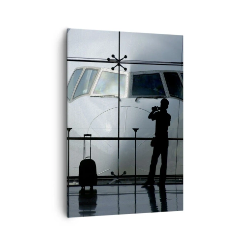 Impression sur toile - Image sur toile - Aéroport avec des silhouettes de personnes et une vue de l'avion - 70x100cm - Vis-à-vis de l'aéroport - Décoration murale moderne pour le salon et la chambre ARTTOR