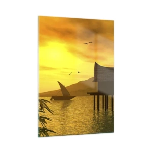 Impression sur verre - Image sur verre - Coucher de soleil sur le lac avec une maison sur pilotis - 50x70cm - La paix tant désirée - Décoration murale moderne pour le salon et la chambre ARTTOR