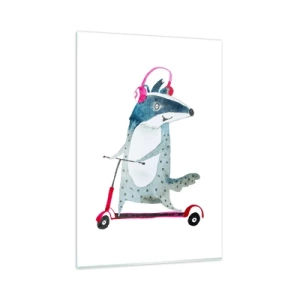 Impression sur verre - Image sur verre - Blaireau sur un scooter avec des écouteurs roses - 80x120cm - La joie du blaireau - Décoration murale moderne pour le salon et la chambre ARTTOR