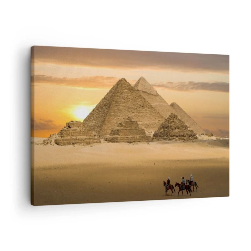 Impression sur toile - Image sur toile - Pyramides d'Égypte au coucher du soleil avec des cavaliers à cheval - 70x50cm - Aucun changement depuis des milliers d'années - Décoration murale moderne pour le salon et la chambre ARTTOR