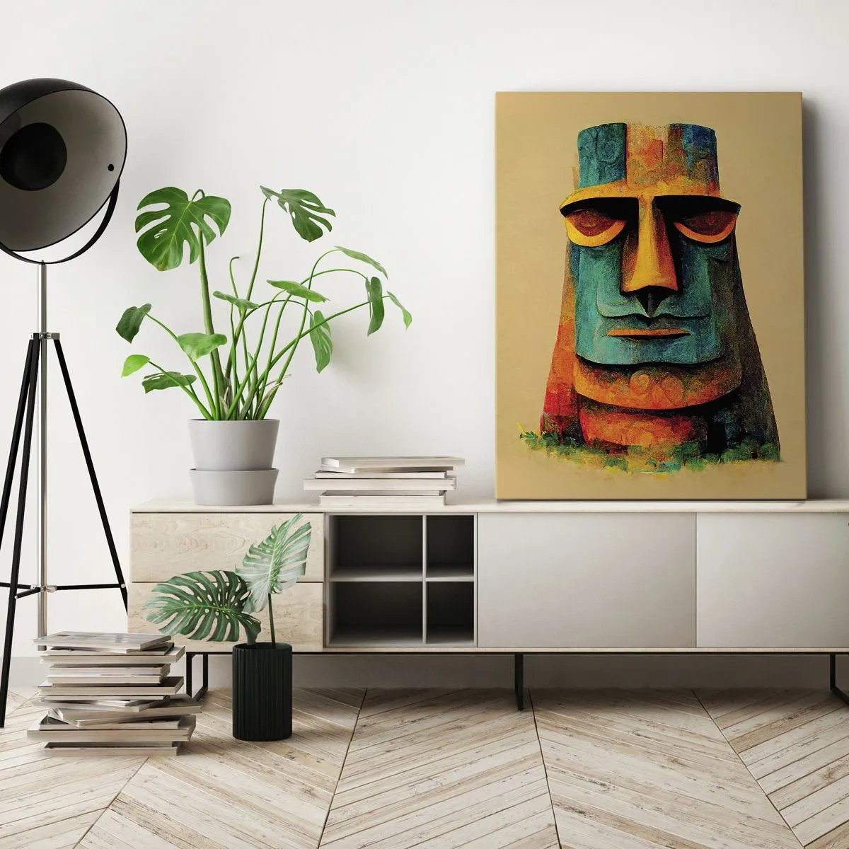 Impression sur toile - Image sur toile - Statue colorée de l'île de Pâques - 50x70cm - Statuesque et sympathique - Décoration murale moderne pour le salon et la chambre ARTTOR