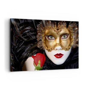 Impression sur toile - Image sur toile - Masque vénitien doré avec plumes et rose rouge, motif mystérieux. - 120x80cm - Parce que la vie est un grand bal - Décoration murale moderne pour le salon et la chambre ARTTOR