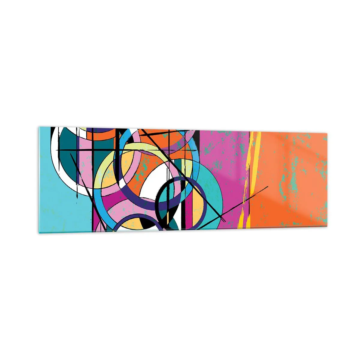 Impression sur verre - Image sur verre - Abstraction colorée avec des cercles géométriques - 160x50cm - Roues sur roues - Décoration murale moderne pour le salon et la chambre ARTTOR
