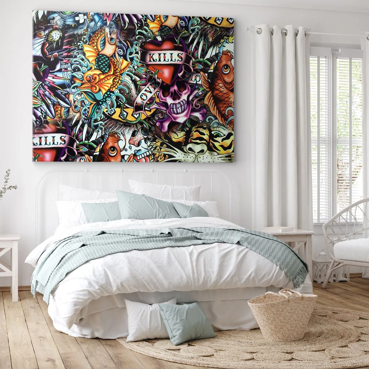 Impression sur toile - Image sur toile - Œuvre d'art colorée de style tatouage avec des crânes et des motifs nautiques - 120x80cm - Le rêve du tatoueur - Décoration murale moderne pour le salon et la chambre ARTTOR
