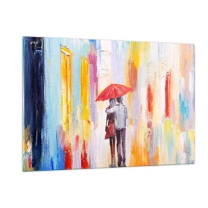 Impression sur verre - Image sur verre - Un couple tenant un parapluie rouge sous la pluie dans une rue colorée. - 120x80cm - Qu'il pleuve encore - Décoration murale moderne pour le salon et la chambre ARTTOR