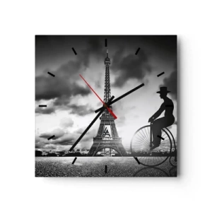 Horloge murale - Pendule murale - Image en noir et blanc d'un vélo rétro avec la tour Eiffel en arrière-plan - 30x30cm - Nostalgie de la Belle Epoque - Décoration murale moderne pour le salon et la chambre ARTTOR