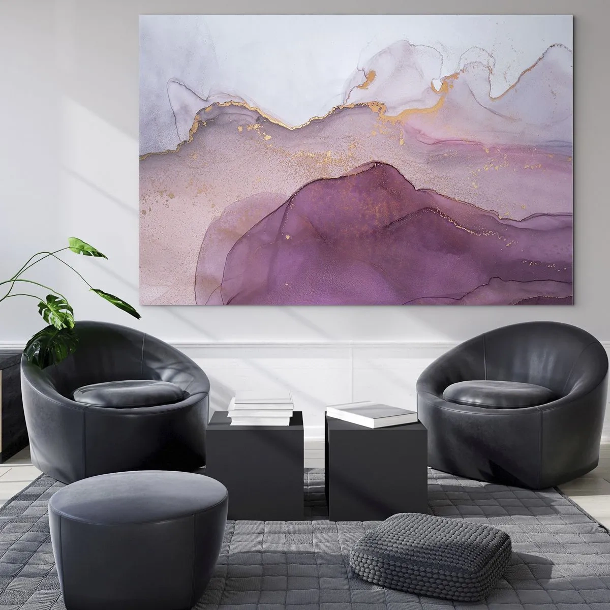Impression sur verre - Image sur verre - Vagues abstraites dans des tons violets avec des accents dorés - 70x50cm - Vagues lilas et violettes - Décoration murale moderne pour le salon et la chambre ARTTOR