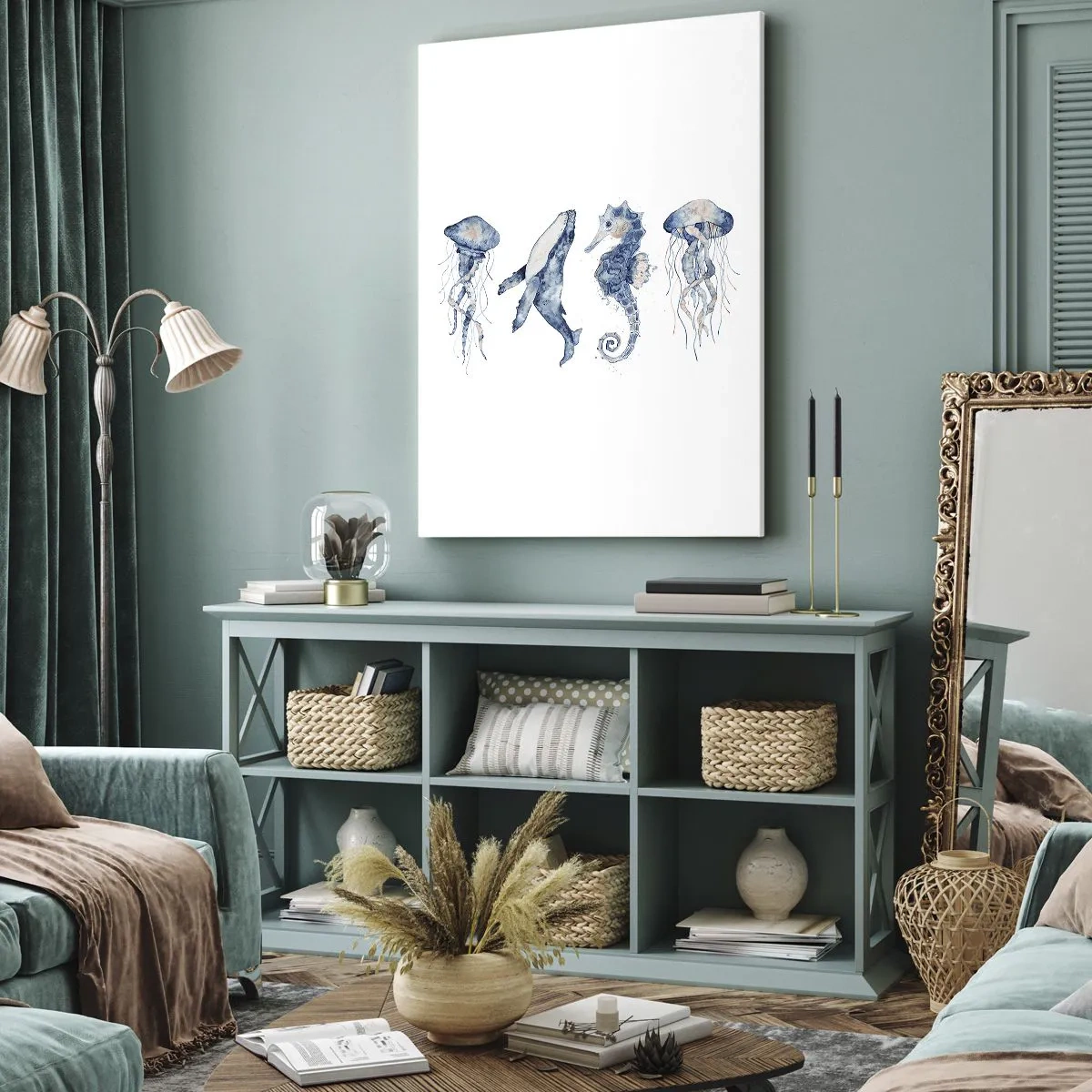 Impression sur toile - Image sur toile - Méduse, baleine et hippocampe dans un style aquarelle - 50x70cm - Merveilles de la mer - Décoration murale moderne pour le salon et la chambre ARTTOR