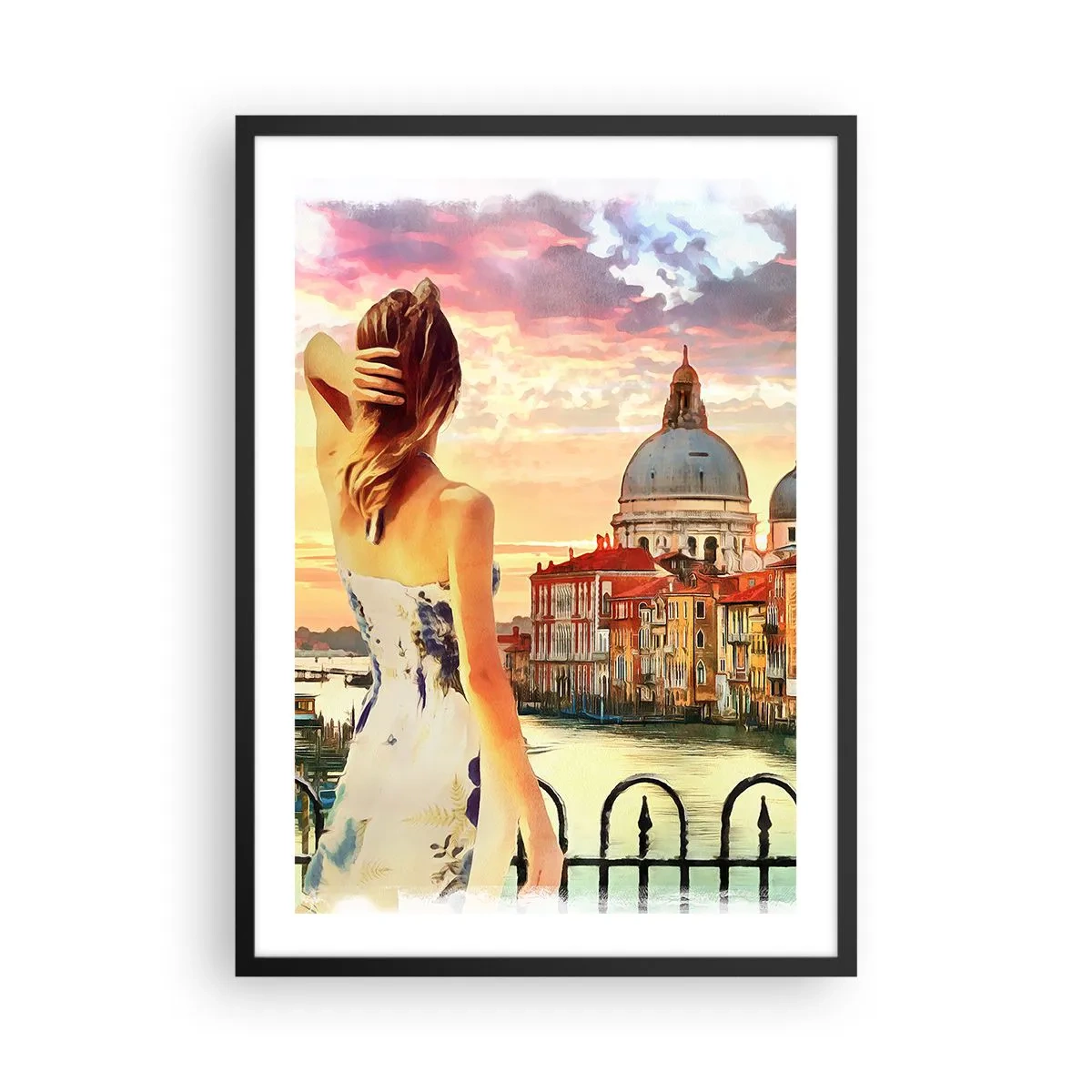 Affiche dans un cadre noir - Poster - Une femme admire la vue d'une ville historique au coucher du soleil - 50x70cm - Pour une aventure c'est uniquement dans ... - Décoration murale moderne pour le salon et la chambre ARTTOR