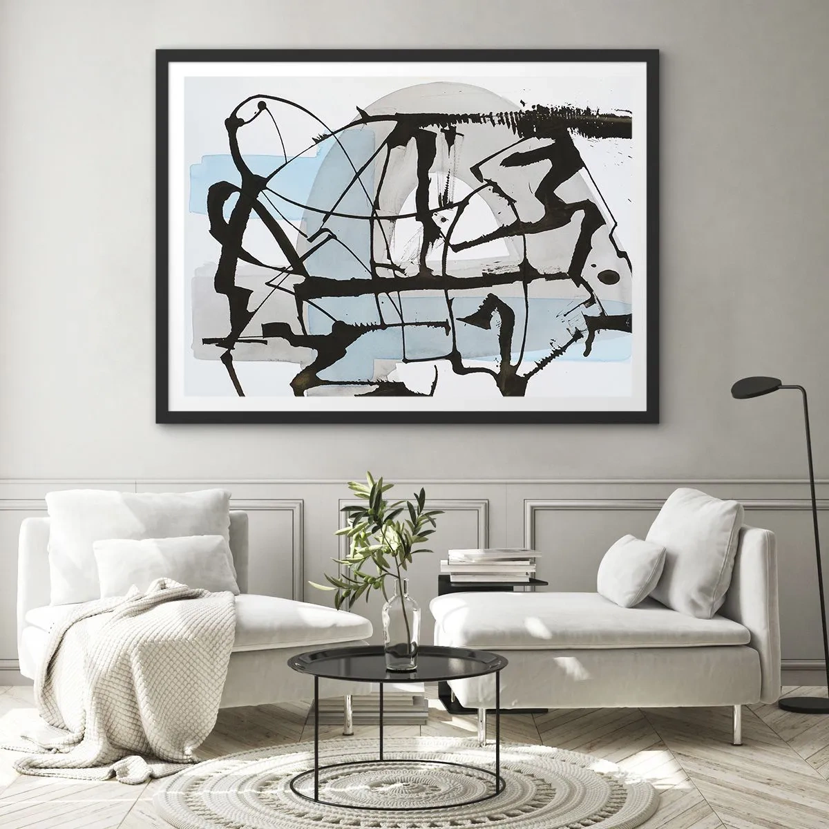 Affiche dans un cadre noir - Poster - Lignes et formes abstraites en bleu et noir - 70x50cm - Bleu malgré tout - Décoration murale moderne pour le salon et la chambre ARTTOR