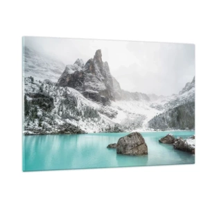 Impression sur verre - Image sur verre - Paysage d'hiver avec un lac turquoise - 120x80cm - Sur ses gardes - Décoration murale moderne pour le salon et la chambre ARTTOR