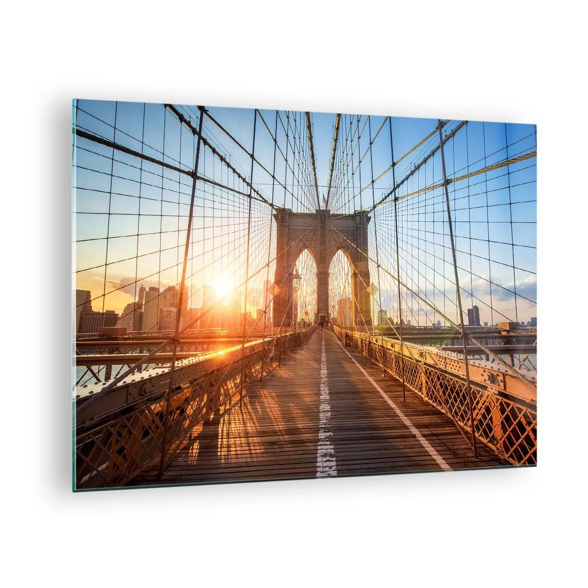 Impression sur verre - Image sur verre - Coucher de soleil sur le pont de Brooklyn à New York - 70x50cm - Sur le pont d'or - Décoration murale moderne pour le salon et la chambre ARTTOR