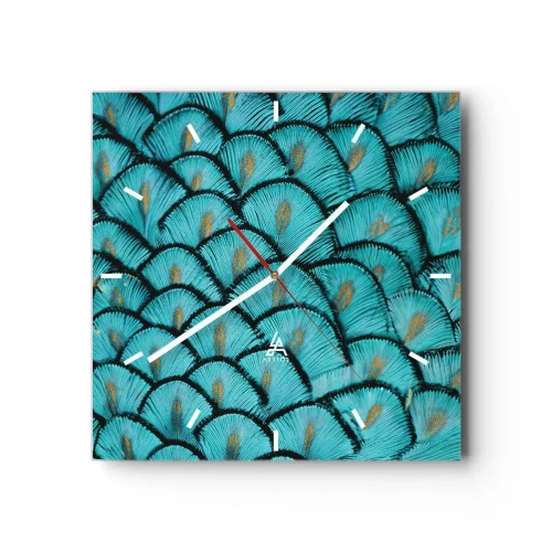 Horloge murale - Pendule murale - Un motif ressemblant à des écailles turquoise avec des accents dorés - 30x30cm - Le grand gala des plumes - Décoration murale moderne pour le salon et la chambre ARTTOR