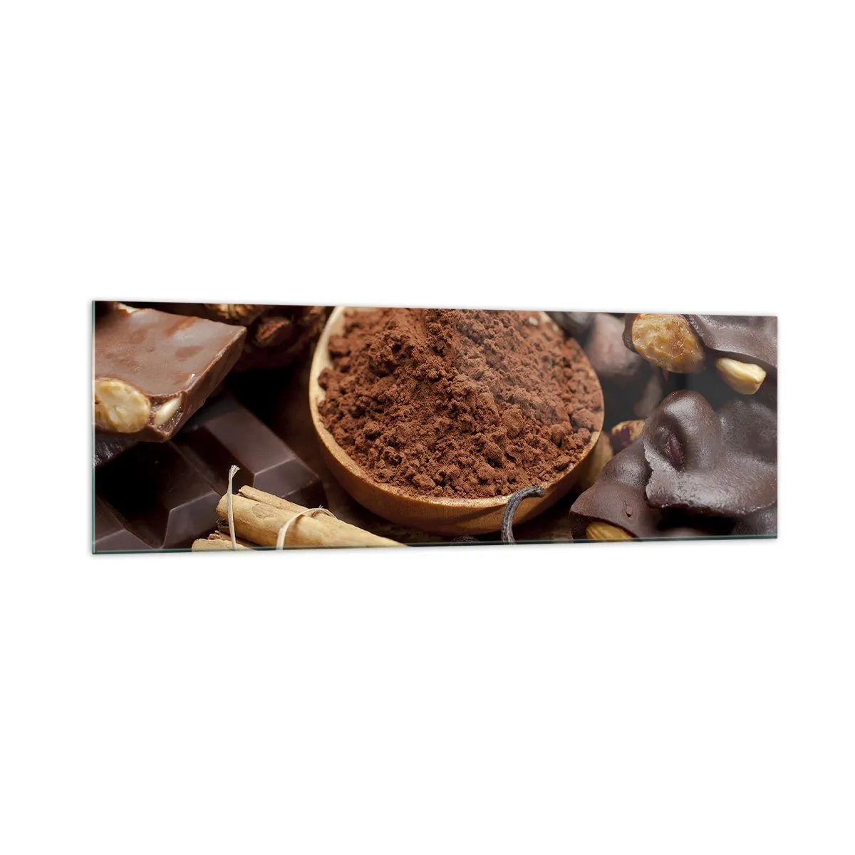 Impression sur verre - Image sur verre - Une cuillerée d'ingrédients à base de cacao et de chocolat dans un arrangement rustique - 160x50cm - La meilleure pour les chagrins - Décoration murale moderne pour le salon et la chambre ARTTOR