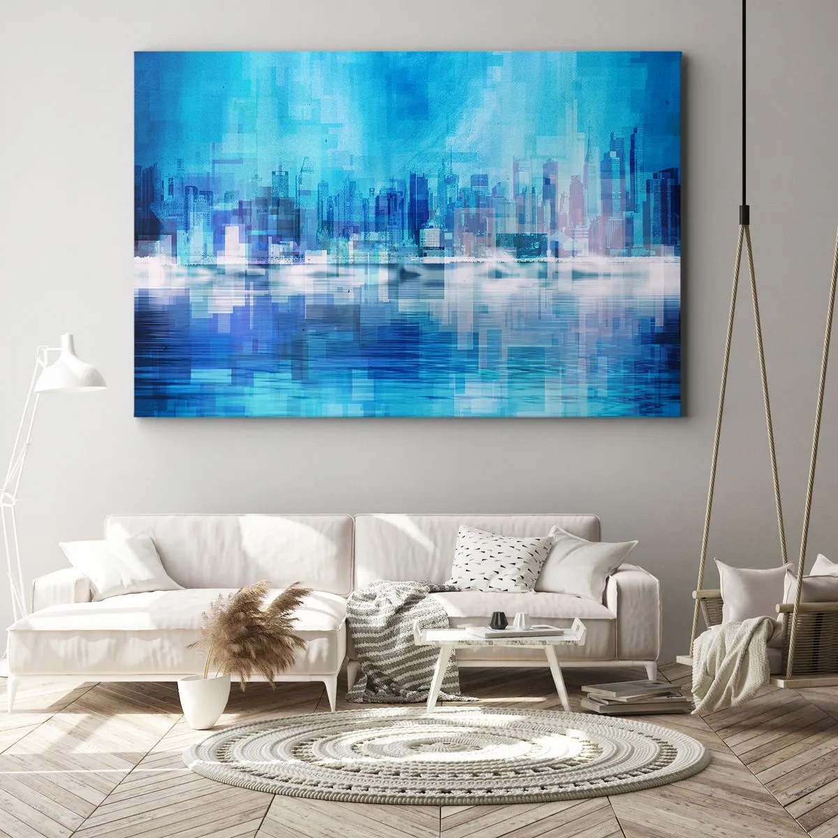 Impression sur toile - Image sur toile - Panorama urbain abstrait dans des tons bleus - 100x70cm - Noyé dans le bleu - Décoration murale moderne pour le salon et la chambre ARTTOR