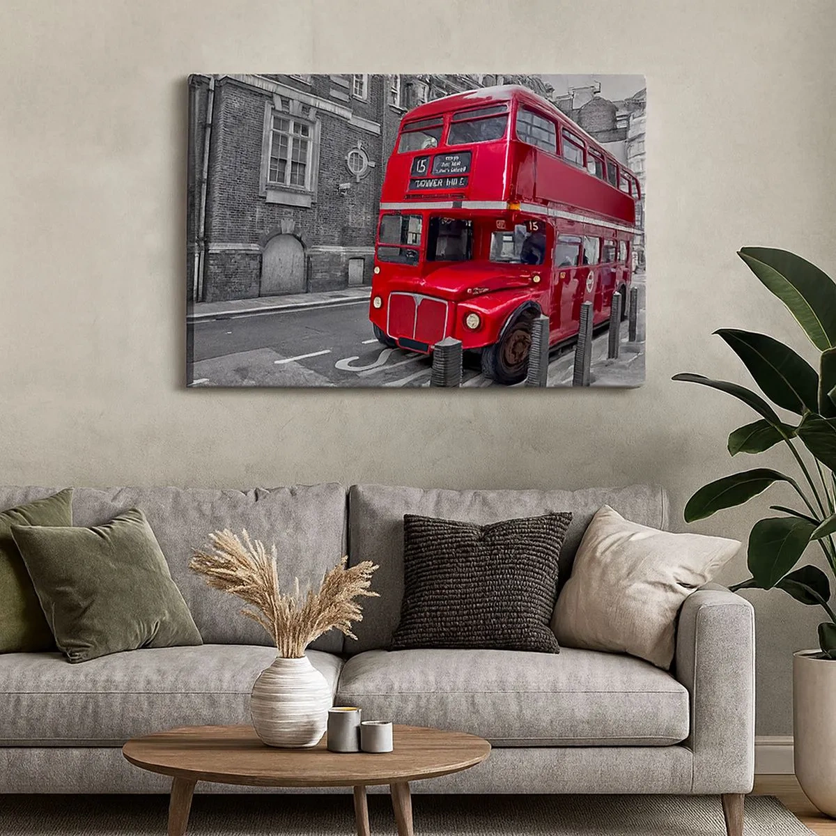 Impression sur toile - Image sur toile - Un bus rouge à impériale à Londres sur fond d'architecture classique - 70x50cm - Toujours la même chose - Décoration murale moderne pour le salon et la chambre ARTTOR