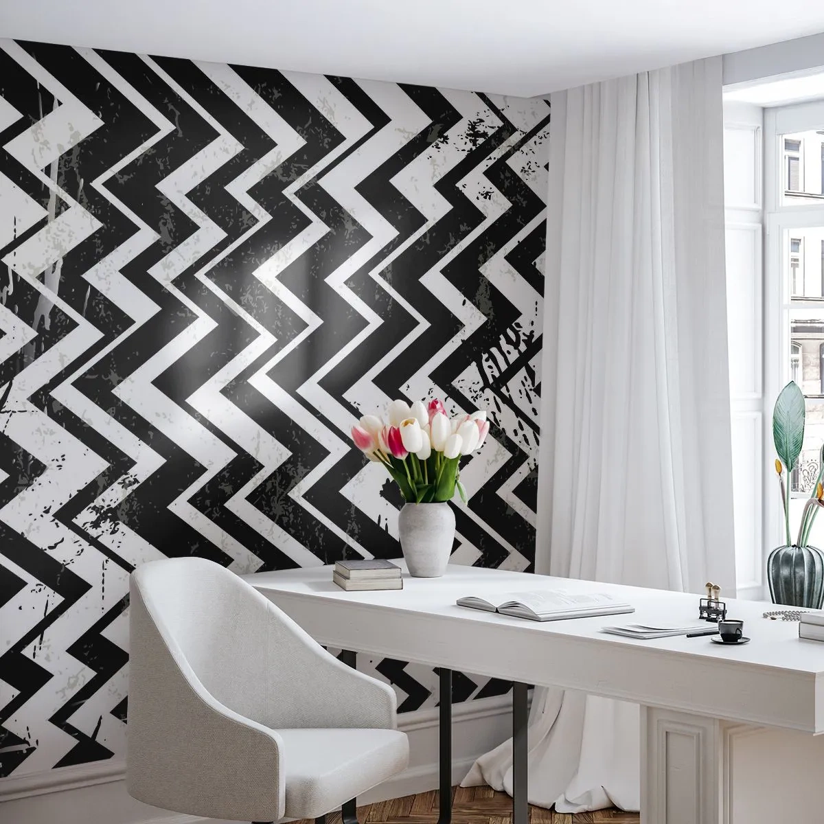Papier Peint Autocollant Deluxe Sticker - Zig-blanc, zag-noir - Abstraction, Morceau, Noir et blanc - 250x175 cm