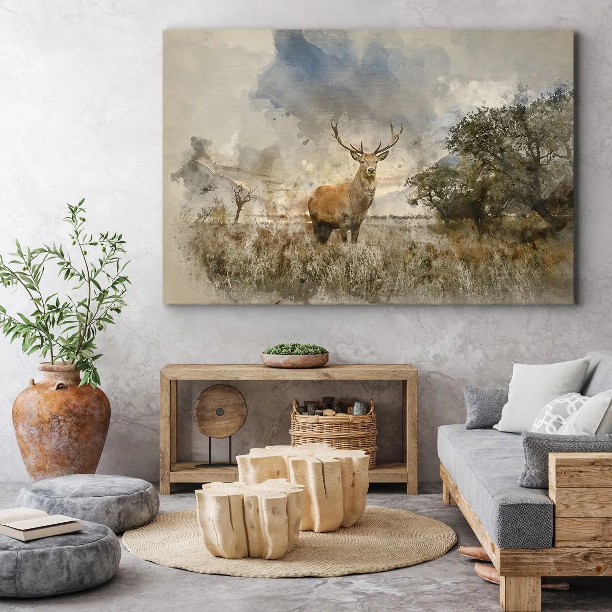 Impression sur toile - Image sur toile - Un cerf dans un cadre naturel dans un style aquarelle - 100x70cm - Dignité - force - majesté - Décoration murale moderne pour le salon et la chambre ARTTOR