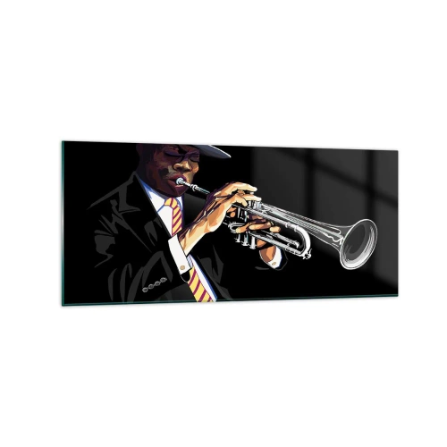 Impression sur verre - Image sur verre - Un musicien jouant de la trompette sur un fond noir - 120x50cm - Le charme de la vieille école - Décoration murale moderne pour le salon et la chambre ARTTOR