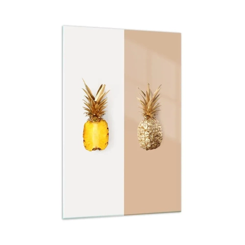 Impression sur verre - Image sur verre - La moitié d'un ananas frais et doré sur un fond contrasté - 70x100cm - Ananas pour nous - Décoration murale moderne pour le salon et la chambre ARTTOR
