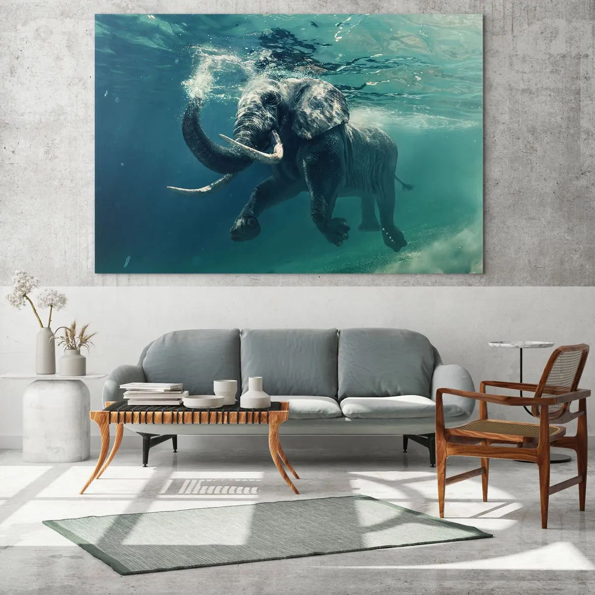Impression sur verre - Image sur verre - Un éléphant nageant sous l'eau dans l'océan bleu - 70x50cm - Tout le monde aime nager - Décoration murale moderne pour le salon et la chambre ARTTOR