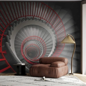 Papier Peint Photo Premium Canvas - Escalier en colimaçon avec rampes rouges dans une perspective dynamique - 100x70cm - Amusement architectural - Décoration murale moderne pour le salon et la chambre ARTTOR