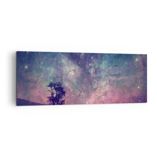 Impression sur toile - Image sur toile - Un arbre contre un ciel étoilé aux couleurs violettes et bleues - 140x50cm - Sous un ciel magique - Décoration murale moderne pour le salon et la chambre ARTTOR