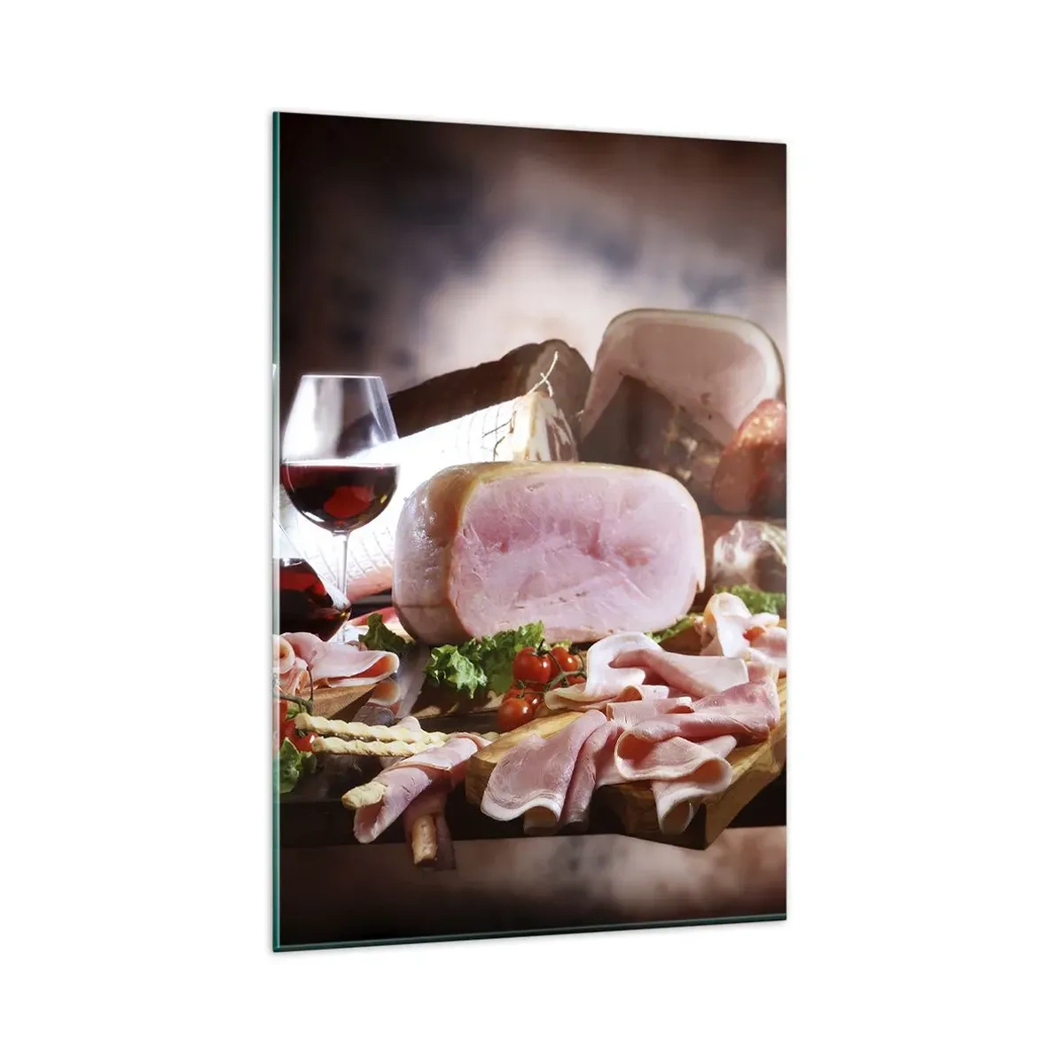 Impression sur verre - Image sur verre - Charcuterie au vin sur fond rustique - 80x120cm - Un rêve culinaire avec une carafe - Décoration murale moderne pour le salon et la chambre ARTTOR