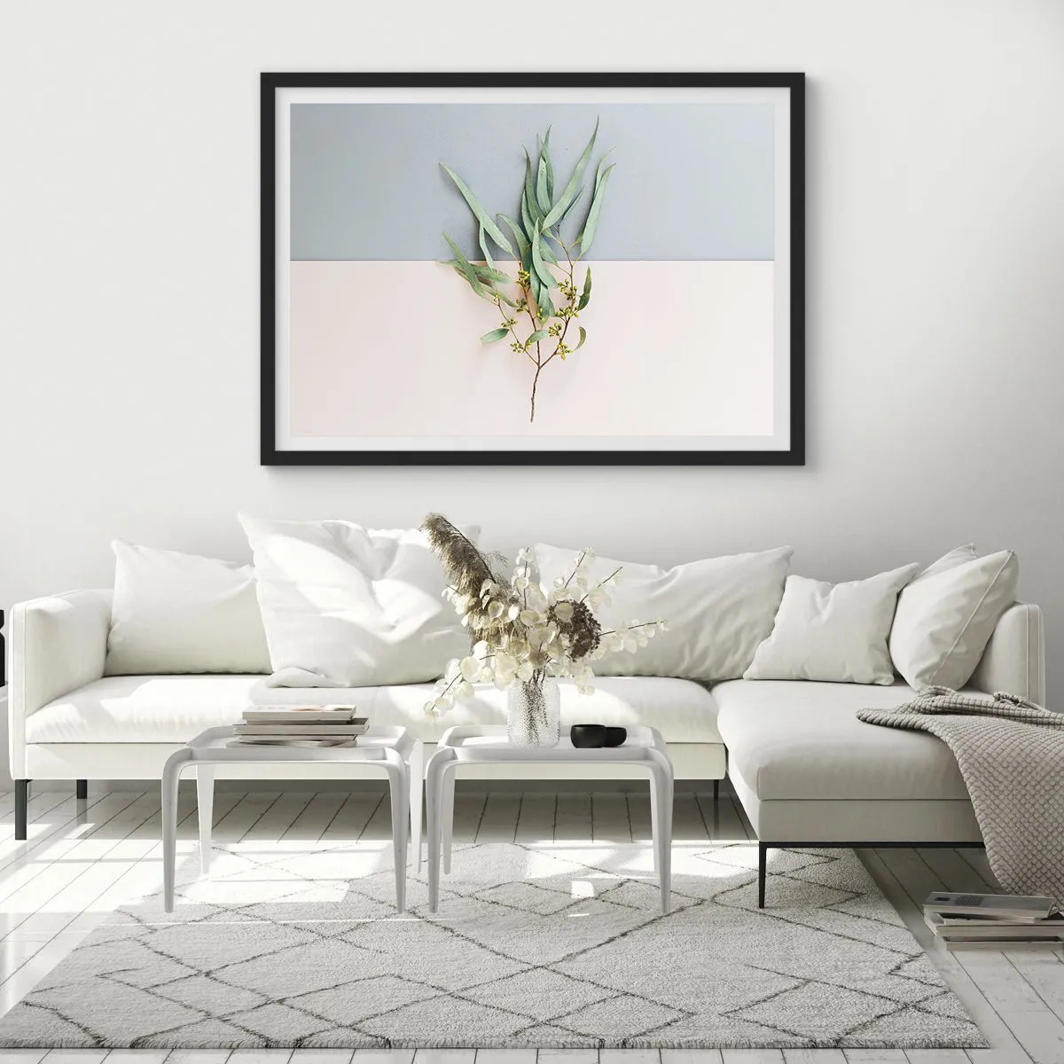 Affiche dans un cadre noir - Poster - Une branche avec des feuilles sur un fond de tons pastel - 100x70cm - Subtilité pastel - Décoration murale moderne pour le salon et la chambre ARTTOR