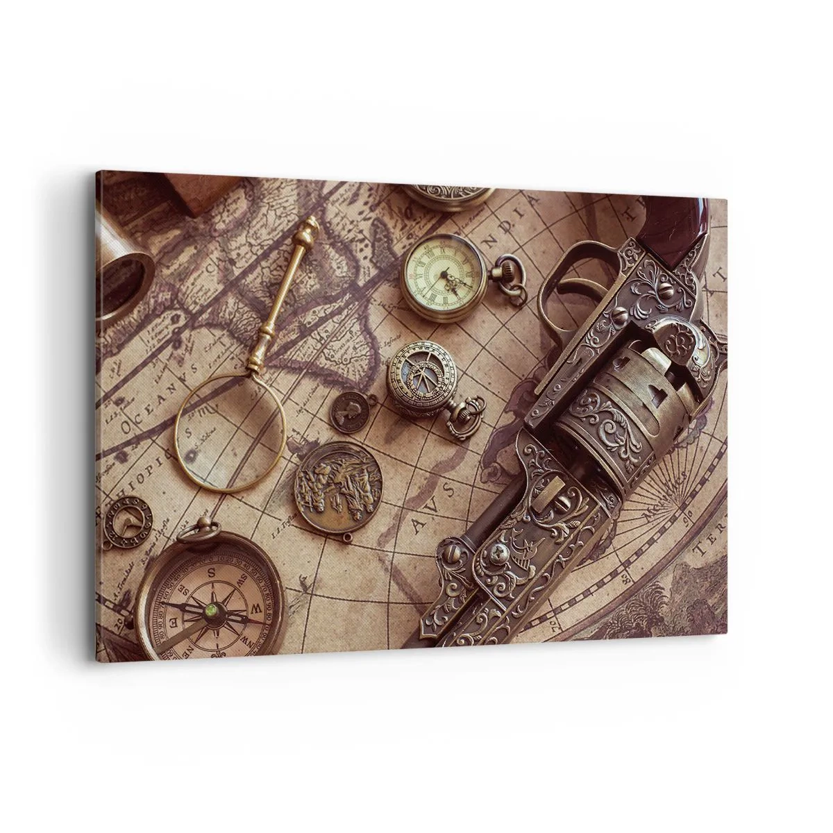 Impression sur toile - Image sur toile - Objets anciens sur une vieille carte dans un style rétro - 120x80cm - L'aventure appelle - Décoration murale moderne pour le salon et la chambre ARTTOR