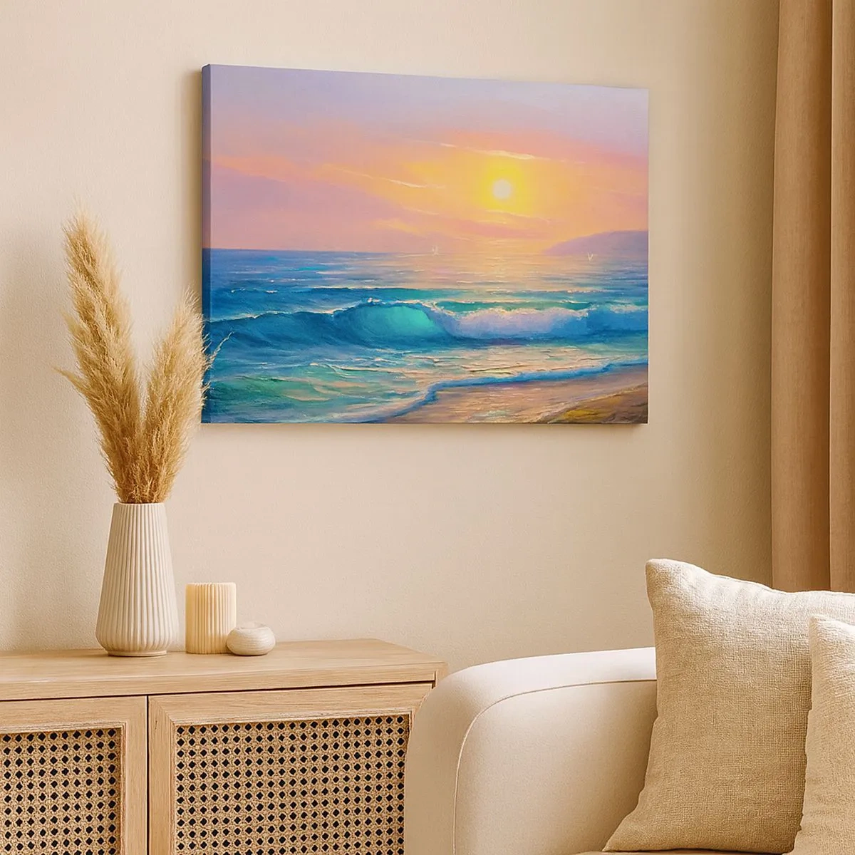 Impression sur toile - Image sur toile - Paysage marin avec coucher de soleil - 70x50cm - Le chant turquoise des vagues - Décoration murale moderne pour le salon et la chambre ARTTOR