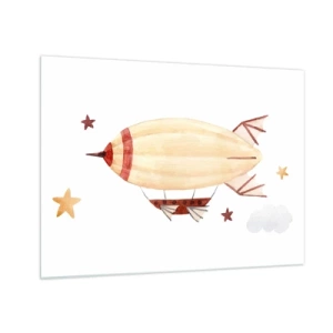 Impression sur verre - Image sur verre - Un dirigeable de dessin animé parmi les étoiles sur fond blanc - 70x50cm - Dirigeable - Décoration murale moderne pour le salon et la chambre ARTTOR