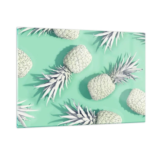 Impression sur verre - Image sur verre - Ananas blancs sur fond menthe dans une composition artistique - 120x80cm - Ils se combinent très bien avec la menthe - Décoration murale moderne pour le salon et la chambre ARTTOR