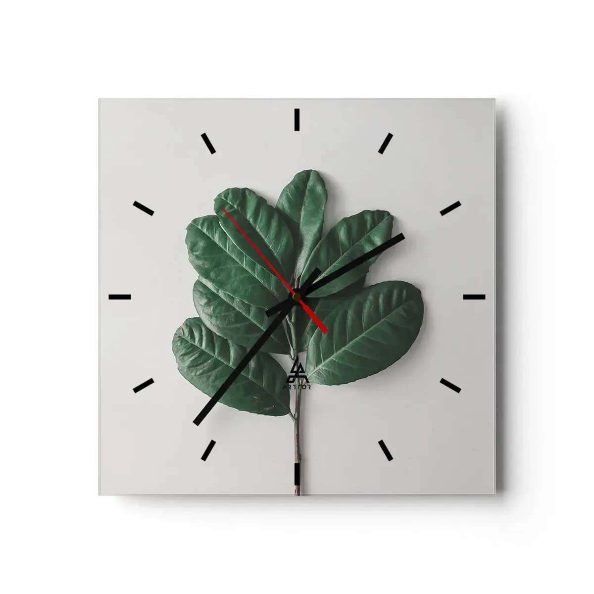 Horloge murale - Pendule murale - Un brin de feuilles vertes sur un fond clair - 30x30cm - Dessin de la nature elle-même - Décoration murale moderne pour le salon et la chambre ARTTOR