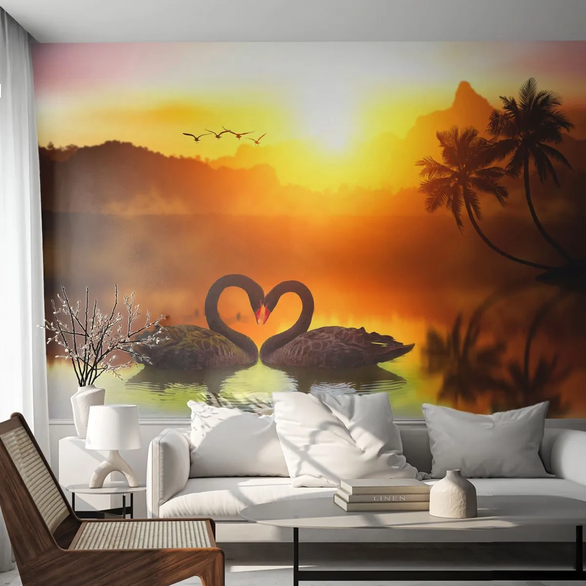 Papier Peint Autocollant Deluxe Sticker - Tout va ensemble - Cœur, Cygnes, Cocotier - 250x175 cm