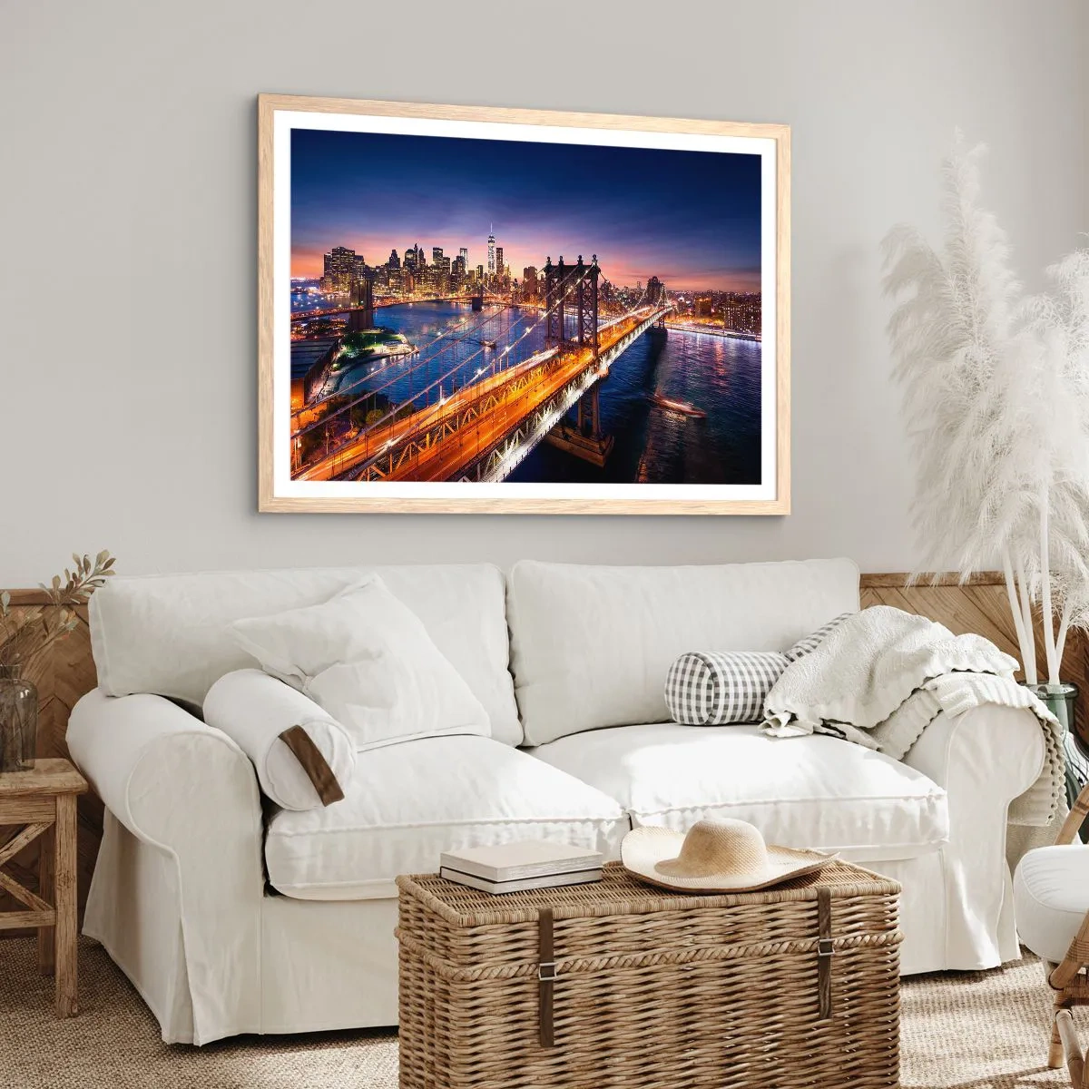 Affiche dans un chêne clair - Poster - Un pont lumineux au cœur de la ville - 100x70 cm
