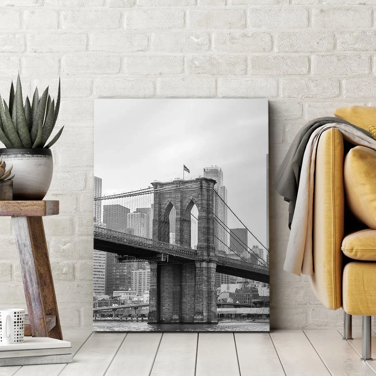 Impression sur toile - Image sur toile - Pont de Brooklyn avec les gratte-ciel de New York en arrière-plan - 70x100cm - Climat New-Yorkais - Décoration murale moderne pour le salon et la chambre ARTTOR
