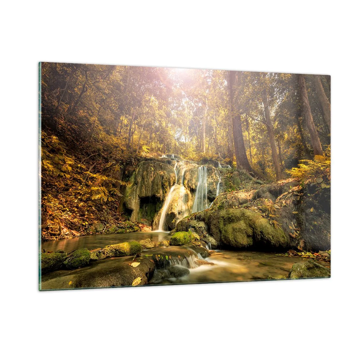 Impression sur verre - Image sur verre - Cascade forestière dans la verdure - 120x80cm - Cascade de forêt en vert - Décoration murale moderne pour le salon et la chambre ARTTOR