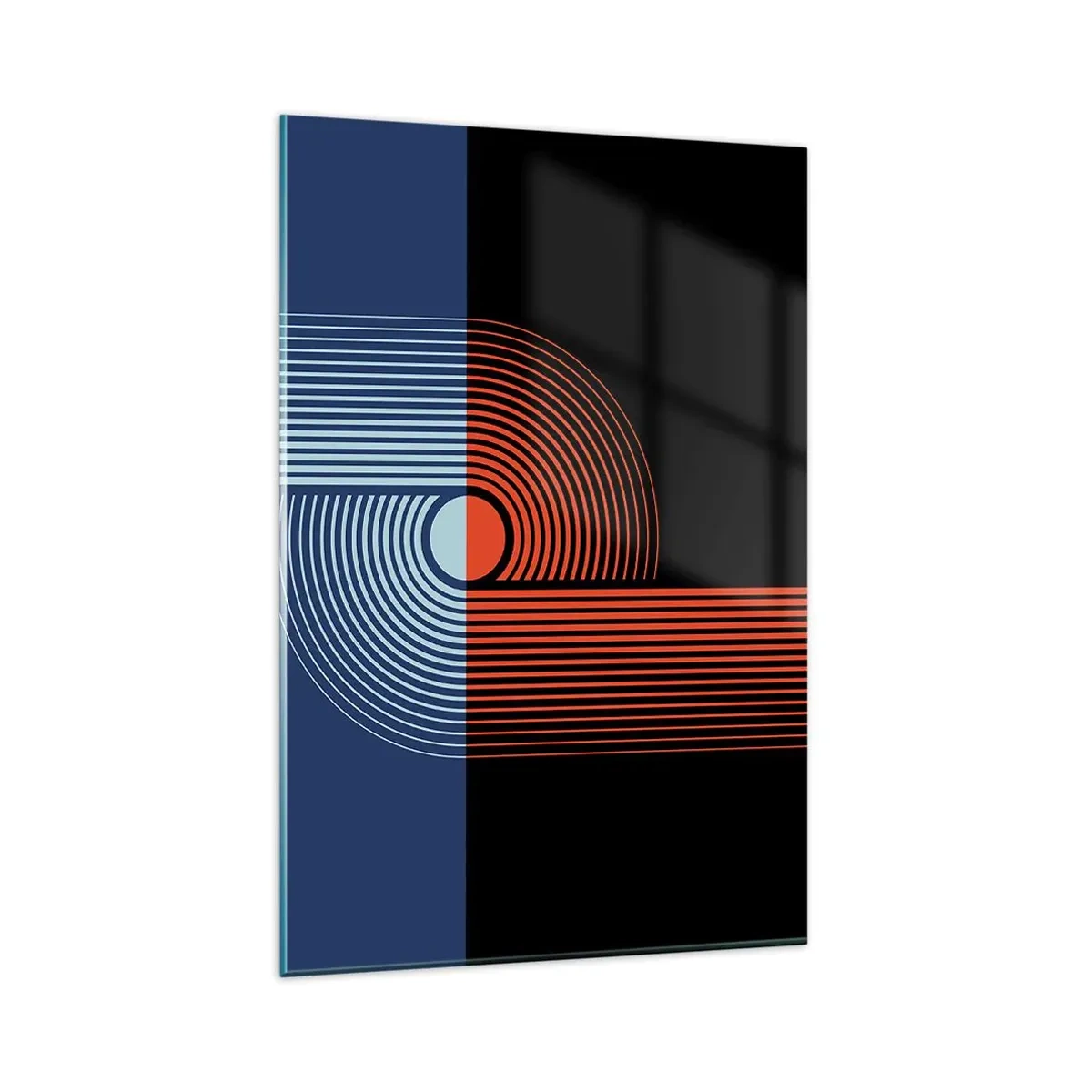 Impression sur verre - Image sur verre - Abstraction géométrique avec des lignes bleu marine et orange. - 80x120cm - Dans une étreinte géométrique - Décoration murale moderne pour le salon et la chambre ARTTOR