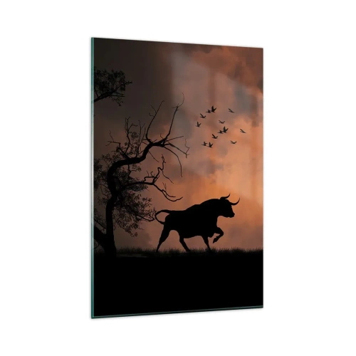 Impression sur verre - Image sur verre - Silhouettes de taureaux sur un ciel orange au coucher du soleil - 80x120cm - Un spectacle dramatique de la nature - Décoration murale moderne pour le salon et la chambre ARTTOR
